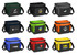 A collection of eight cooler bags in various colours, each with a logo and a detachable strap.