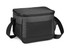 A black can cooler bag with a zippered top, adjustable strap, and mesh side pocket. It features a logo on the front.