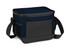 A navy blue cooler bag with a zippered top, featuring a mesh pocket and a detachable shoulder strap.
