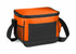 An orange and black can cooler bag with a zippered top and a mesh side pocket. It has an adjustable strap.