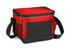 A red cooler bag with a black base and a mesh pocket, featuring a zip closure and a shoulder strap.
