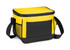 A yellow and black cooler bag with a zippered top and a side mesh pocket. It features an adjustable strap and a logo.
