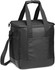 A black cooler bag with a zippered top, featuring two sturdy handles and a detachable shoulder strap.