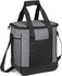 A grey and black insulated cooler bag with two handles and a detachable shoulder strap. It features a front pocket and a logo.
