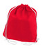 A red non-woven drawstring bag with white cords and a logo. Ideal for carrying items.