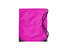 A pink duffle bag with black accents and drawstring closure. It features a logo on the front.