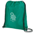A green drawstring cooler pack with a black drawstring and a logo printed on the front.
