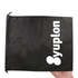 A black drawstring pouch with a logo; features a simple design and a secure closure.