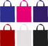 A collection of tote bags in blue, pink, purple, red, white, and black, featuring handles and a logo.