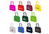 A variety of tote bags in different colours including pink, yellow, green, blue, and black, featuring various logos.