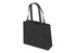 A black tote bag with two sturdy handles and a rectangular shape. It features a logo on the front.