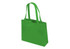 A bright green tote bag with two handles and a simple design, featuring a branding logo.