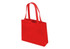 A red tote bag with two handles and a simple design, featuring a logo on one side.