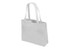 A white tote bag with two handles and a simple design. It features a logo on one side.