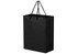 A large black laminated paper bag with a sleek design and black handles. It features a logo on the front.