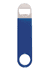 A drink bottle opener featuring a blue vinyl wrap with a stainless steel top and a circular keyring attachment.