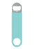 A drink bottle opener in a pastel blue vinyl wrapped design with a stainless steel top and a circular keyring attachment.