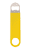 A yellow vinyl wrapped paddle-style bottle opener with a stainless steel opener at one end and a circular keyring attachment.
