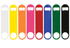A drink bottle opener in various colours including white, yellow, orange, pink, red, blue, green, and black, with a logo.