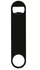 A black powder-coated steel bottle opener featuring a simple paddle style design and a logo.