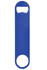 A paddle-style, powder-coated steel bottle opener in blue, featuring a circular hole and a logo.