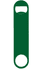 A green paddle-style bottle opener with a circular cut-out and an opening for easy grip. Features a logo.