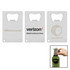 A drink bottle opener resembling a credit card, featuring a sleek silver design and various logos.