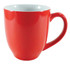 A red coffee mug with a smooth finish and a contrasting white interior, featuring a handle and a logo.