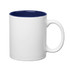 A white stoneware mug with a navy blue interior and a C-handle, featuring a logo.