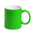 A green coffee mug with a white interior and a large handle. It features a logo.