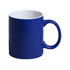 A blue coffee mug with a white interior and a handle, featuring a logo on the side.