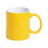 A yellow coffee mug with a white interior and a handle, featuring a logo.