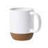 A white ceramic mug with a cork base and a smooth handle, featuring a simple design.