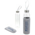 A drink bottle with a stainless steel lid and a grey neoprene sleeve, featuring a logo. The bottle is transparent.