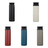 A drink bottle in black, cream, red, teal, and green, featuring sleek designs and black lids. It has a logo.