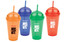 Four plastic cups with domed caps in orange, blue, green, and red, each with a logo printed on the front.