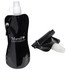 A black Flex Water Bottle with a carabiner and a nozzle, featuring a logo on the front.