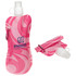 A drink bottle in pink with a swirled design, featuring a carabiner and a logo. It is foldable for easy storage.