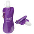 A purple flex water bottle with a carabiner, featuring a logo, alongside a folded version of the bottle.