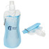 A drink bottle in blue, featuring a carabiner and a flexible design for easy storage. It has a logo on it.