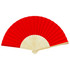 A red foldable fan with a cream-coloured handle, featuring decorative cut-outs on the fan’s structure.