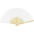 A foldable fan with a white fabric surface and wooden frame, featuring decorative cutouts on the handle.