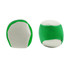 A green and white Hacky Sack with a smooth, round design. It features a logo on the surface.