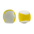 A yellow and white Hacky Sack, featuring a rounded shape and a smooth surface with a logo.