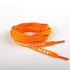Bright orange shoelaces with white text, featuring a logo on the ends. Ideal for enhancing footwear style.