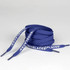 Navy blue shoelaces with white lettering, neatly coiled for display. Includes a logo.