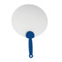 A plastic hand fan with a round white surface and a blue handle, featuring a logo on the handle.