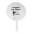A round white plastic hand fan with a handle and a logo featuring a scorpion. Includes text related to a university.