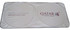 A foldable car sun visor in silver with two round sections and a logo on the side.