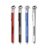A set of four tyre gauges in red, black, blue, and silver, each featuring a logo.